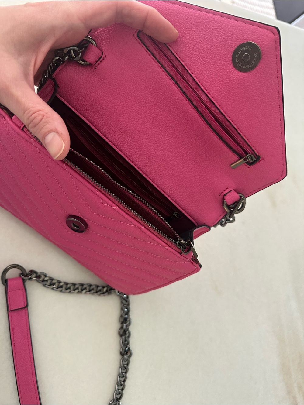 Designer Inspired Quilted Pink Fuchsia Crossbody Bag with Chain Strap - Picture 3 of 3
